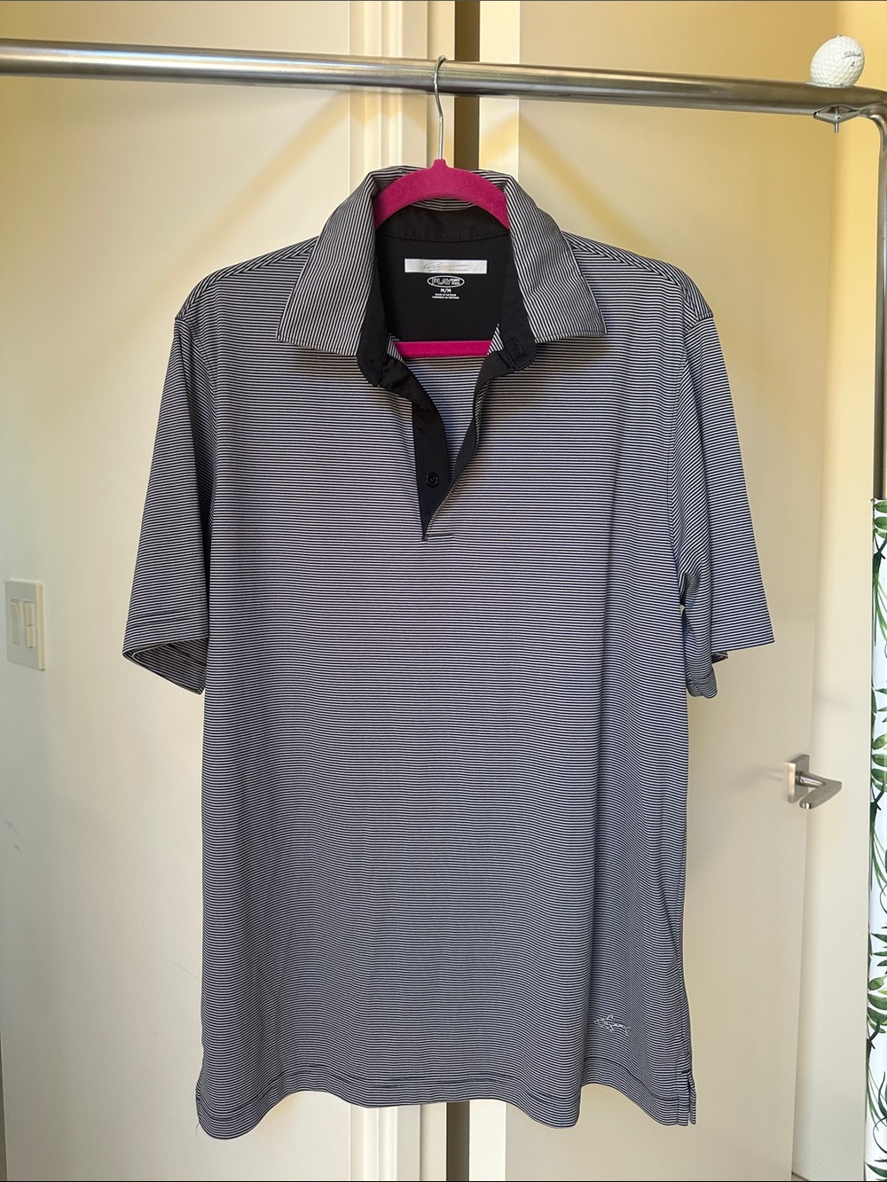 Greg Norman Collection Men’s Gray Micro-Striped Polo with Black Placket Medium